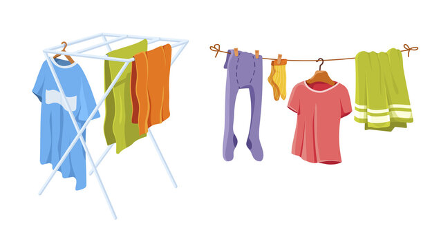 Adult and baby clothes hanging on clothesline. Drying clothes and towel after washing on rope. Socks, T-shirt, tights, bath and kitchen towels, linen on dryer