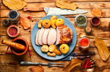 Slices of baked pork loin