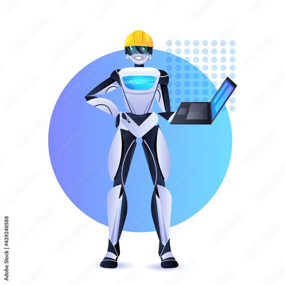 Poster robot engineer in helmet using laptop modern robotic character artificial intelligence concept
