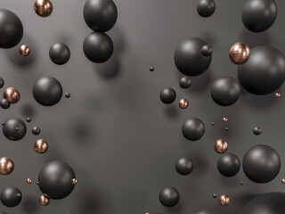 Black and gold pearls fly in space. Matte and shiny glow sphere 3d balls are falling - render illustration. Abstract trendy stylish wallpaper background