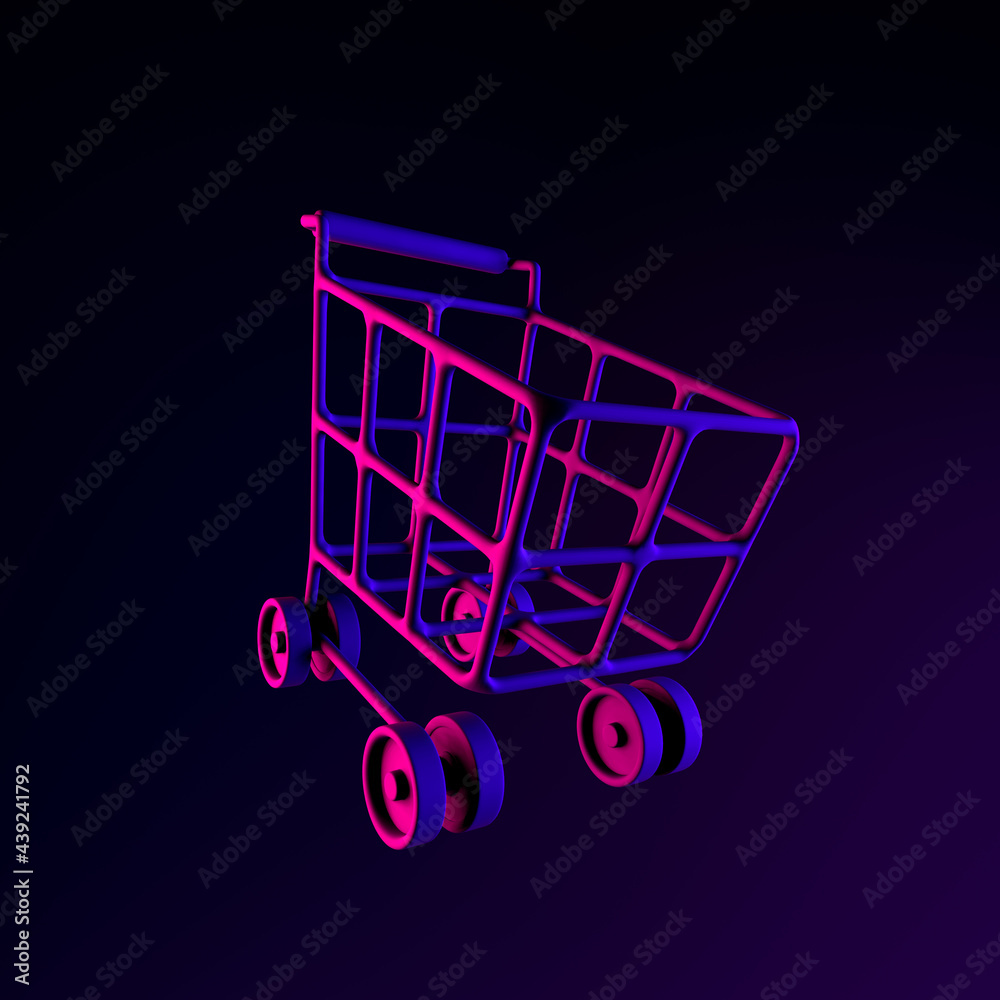 Poster neon icon shopping cart on wheels. 3d rendering ui ux interface element. dark glowing symbol.