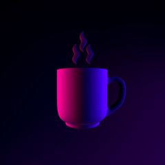 Icon neon mug and waves of steam, coffee break. 3d rendering interface ui ux element. Dark glowing symbol.