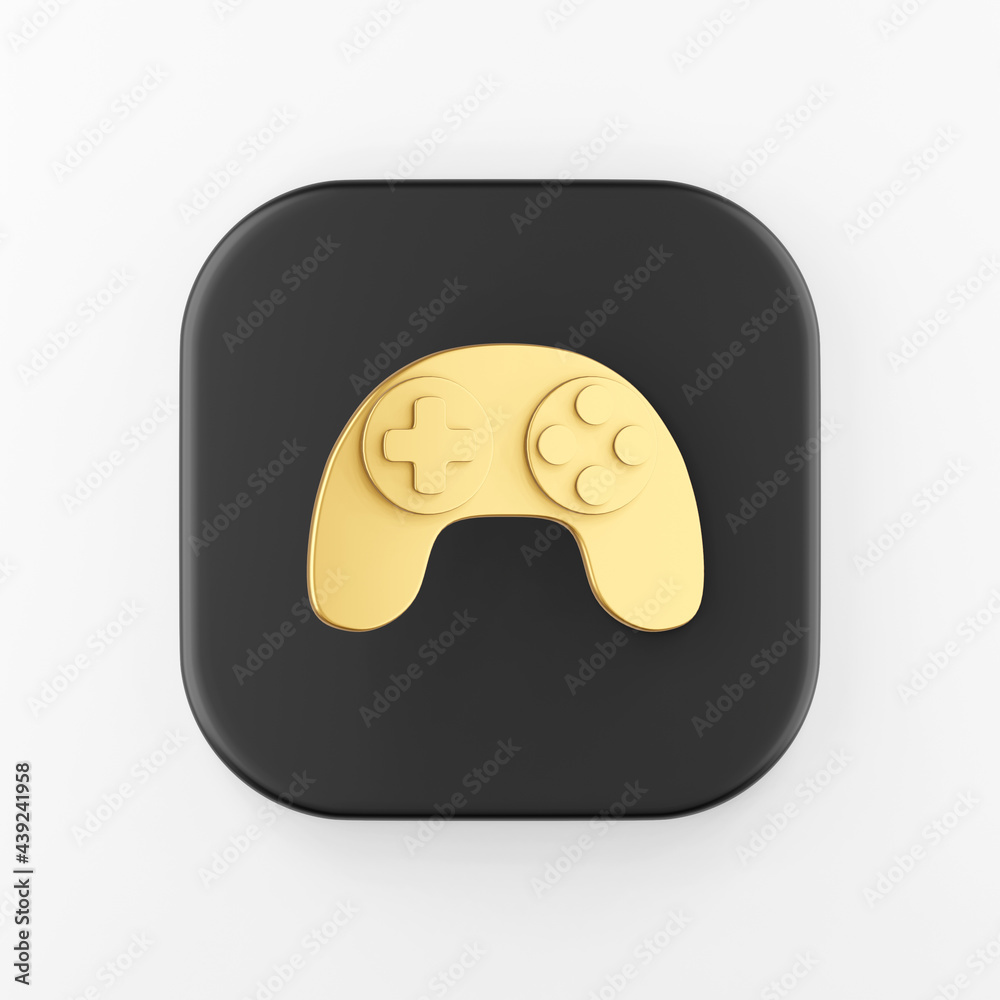 Poster the golden gamepad icon. 3d rendering black square button, interface ui ux element.