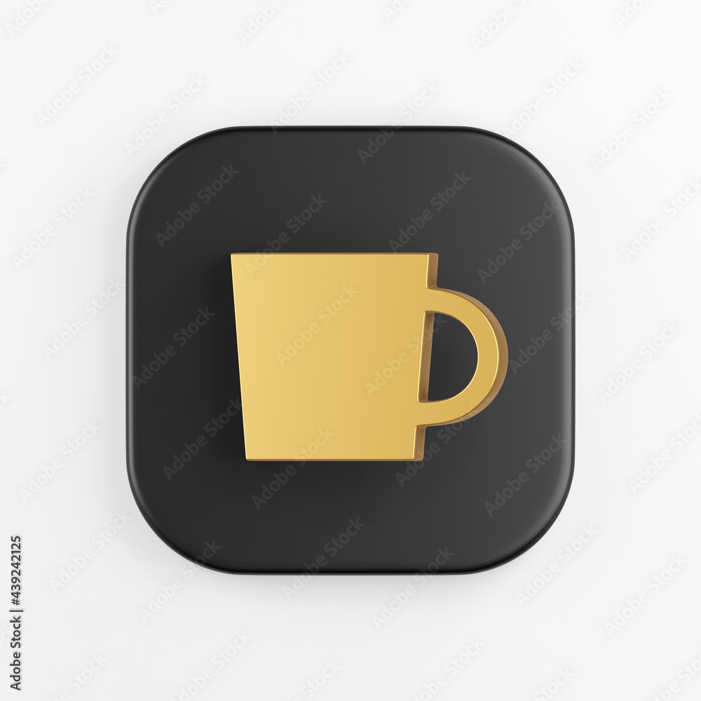 Poster gold mug icon in flat style. 3d rendering black square key button, interface ui ux element.
