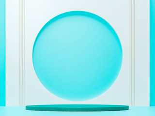 Podium, exhibition round pedestal. 3d render illustration. Stand for cosmetic products. Geometric  - architectural composition.Blue base podium with gold decor on blue background.