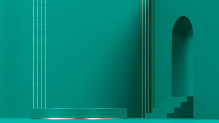 Arch, Green Pedestal, stairs, shelf and niche. 3d render illustration. Podium steps for brand promotion product. Creative background for advertising presentation. Stand base mockup. 
