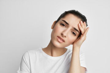 Fototapeta premium woman in white t-shirt health problem migraines health medicine treatment depression