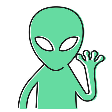 Alien says Hi, rising hand to greet. Isolated vector illustration of humanoid.