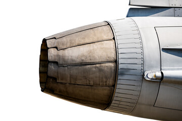 Rear part of jet engine exhaust of military air fighter isolated on white background. Clipping path...
