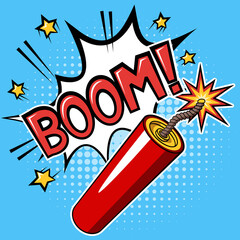 Dynamite stick or firecracker with a burning fuse and explosion with text BOOM on blue background