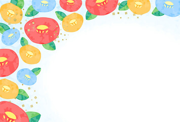 水彩風　椿の和風フレーム素材のベクターイラスト 金箔入り