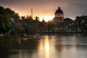 Fototapeta na wymiar BANGKOK, DUSIT ZOO, The Ananda Samakhom Throne Hall View And Many Of Spinning Pedal Boats At Lake From Dusit Zoo On Sunny Day