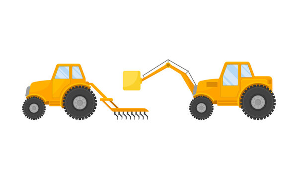 Heavy Machinery for Agricultural Work and Farming Industry Vector Set