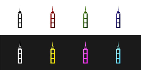 Set Skyscraper icon isolated on black and white background. Metropolis architecture panoramic landscape. Vector