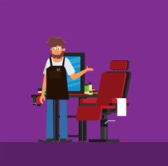 Young hipster man barber in barber shop. vector flat design illustration