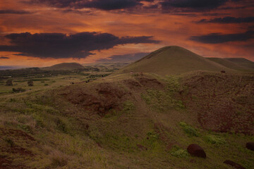 Rapa Nui. The landscape with the volcano on Easter Island, Chile