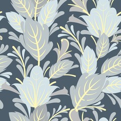 Silver vegetable seamless pattern. Cool ornament. Interlacing of branches and flowers. Background illustration. Elegant fashionable. Flat cute symbolic style. Vector