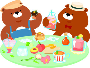 Happy cute cartoon bear enjoying mocktail together in the backyard at their home vector illustration.