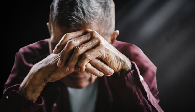 Senior Man Covering His Face With His Hands. Depression And Anxiety