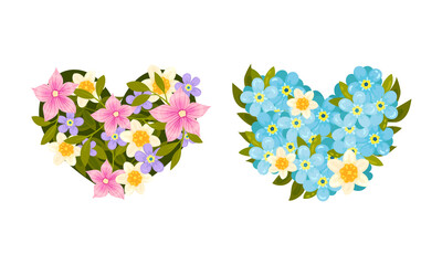 Floral Blooming Heart Shape with Fragrant Blossom and Foliage Vector Set