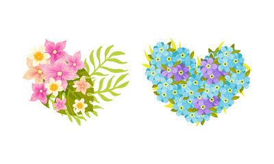 Floral Blooming Heart Shape with Fragrant Blossom and Foliage Vector Set