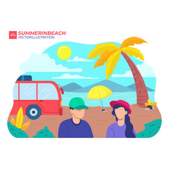 summer in beach flat illustration holiday island palm blue tree