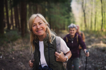 Senior women hikers outdoors walking in forest in nature, looking at camera.