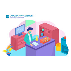 vector illustration concept of scientis working at science laboratorium with tube and microscope, vector template background isolated, can be use for presentation, web, banner ui ux, landing page