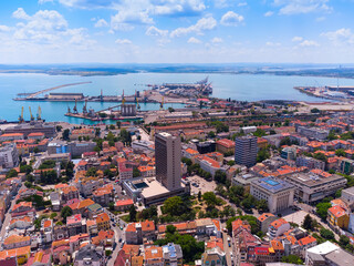 Obraz premium Aerial view of city of Burgas, View of Burgas Bay and the seaport of Burgas, Bulgaria