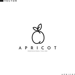 Apricot logo. Line art. Isolated fruit with leaves on white background