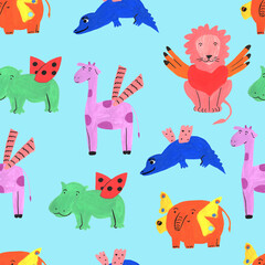 Different funny animals with wings on blue background, seamless pattern, gouache illustration