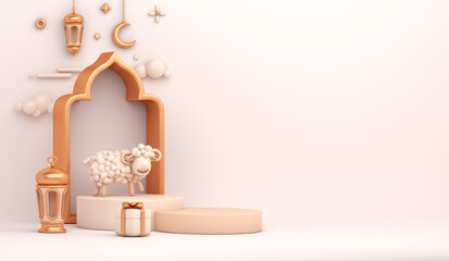 Eid al adha islamic decoration display podium background with goat sheep lantern crescent arabic window ramadan kareem, mawlid, eid al fitr, muharram, copy space text area, 3D illustration. © sofirinaja