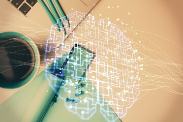 Multi exposure of brain sketch hologram over topview work table background with computer. Concept of big data.
