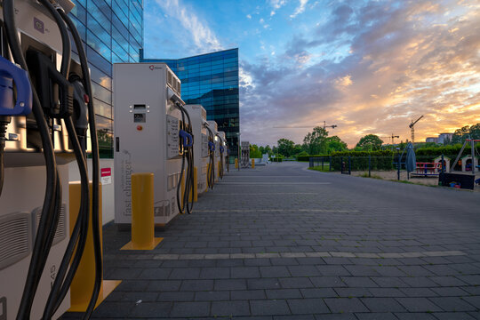 efacec fast charging stations next to a modern office building