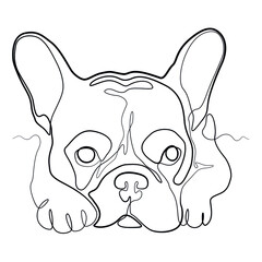 Hand drawn abstract one line continuous dog. Contemporary drawing in modern cubism style. Portrait of a French Bulldog breed isolated on white background.