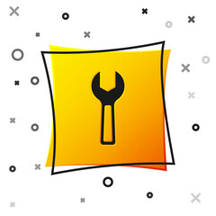 Black Wrench spanner icon isolated on white background. Yellow square button. Vector