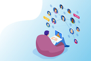 Isometric social network concept. Man laptop using ,Social, media, Marketing concept. Online messaging service. Chatting mobile application