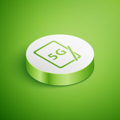 Isometric Graphic tablet with 5G wireless internet wifi icon isolated on green background. Global network high speed connection data rate technology. White circle button. Vector