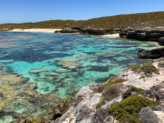 Coast of Rottnest Island with clear water and rock, West Australia