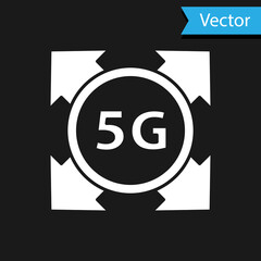 White 5G new wireless internet wifi connection icon isolated on black background. Global network high speed connection data rate technology. Vector