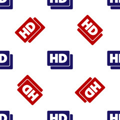 Blue and red Hd movie, tape, frame icon isolated seamless pattern on white background. Vector