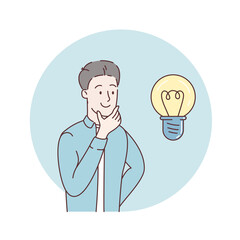 Young happy man thinking business idea. Startup. Planning. Business Marketing illustrations. Idea. The scene with a man taking part in business activities. Modern Flat Trendy manga style.