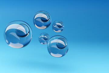 3D rendering.  Transparent inflatable balls. Close-up geometric figure of a ball  on blue background