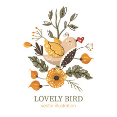 Cute cartoon kids summer bird animal vector card in Scandinavian style. Floral branch, children greeting print, wildlife baby element.