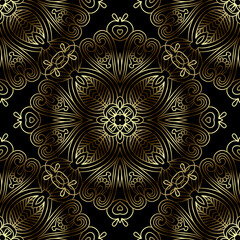 Gold luxury 3d lines seamless pattern. Vector ornamental lacy background. Repeat ornate surface backdrop. Beautiful line art floral golden ornaments with mandalas, lace flowers, leaves, lines, shapes