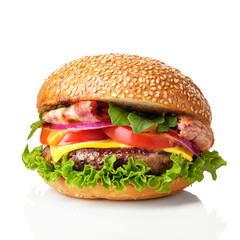 Fresh tasty burger isolated on white background. Fast food concept.