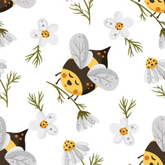 Honey cute bee insect summer seamless pattern background. Cartoon baby fly nature design with daisy flower. Vector illustration sweet textile design.