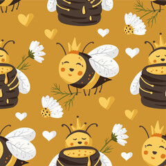 Cute bee insect summer seamless pattern background. Cartoon baby fly nature design with honey and daisy flower. Vector illustration sweet textile design.