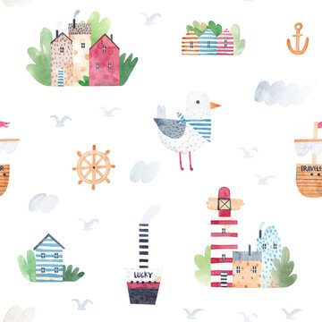Watercolor seamless pattern. Childish texture with beach houses, ships, lighthouse and funny seagull. Creative childish background for fabric, textile, nursery wallpaper. Hand drawn.