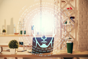 Double exposure of brain drawing and office interior background. Concept of data technology.